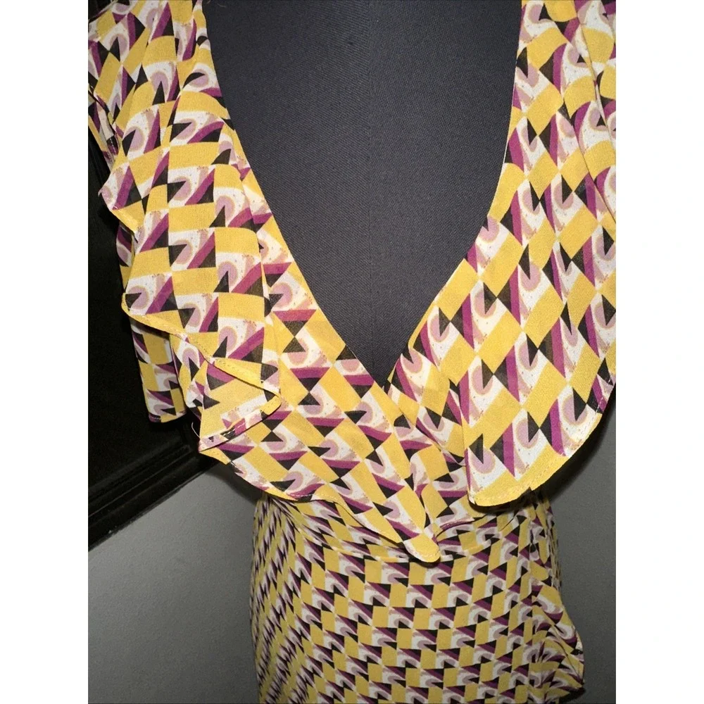 Donna Morgan Ruffled Yellow‎ Geometric Wrap Dress Size 0